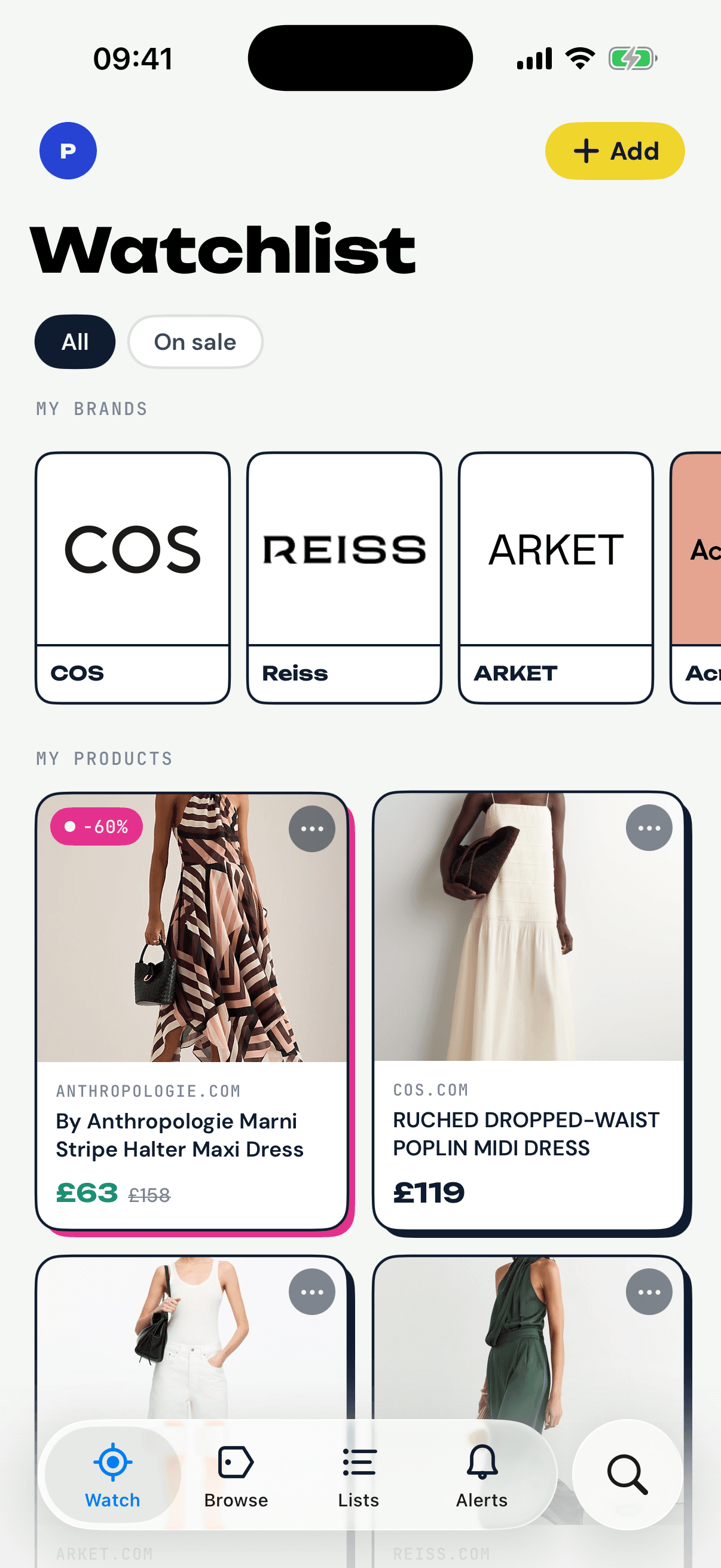 The Pounce iOS app's watchlist screen, showing followed brands and tracked products with a price drop